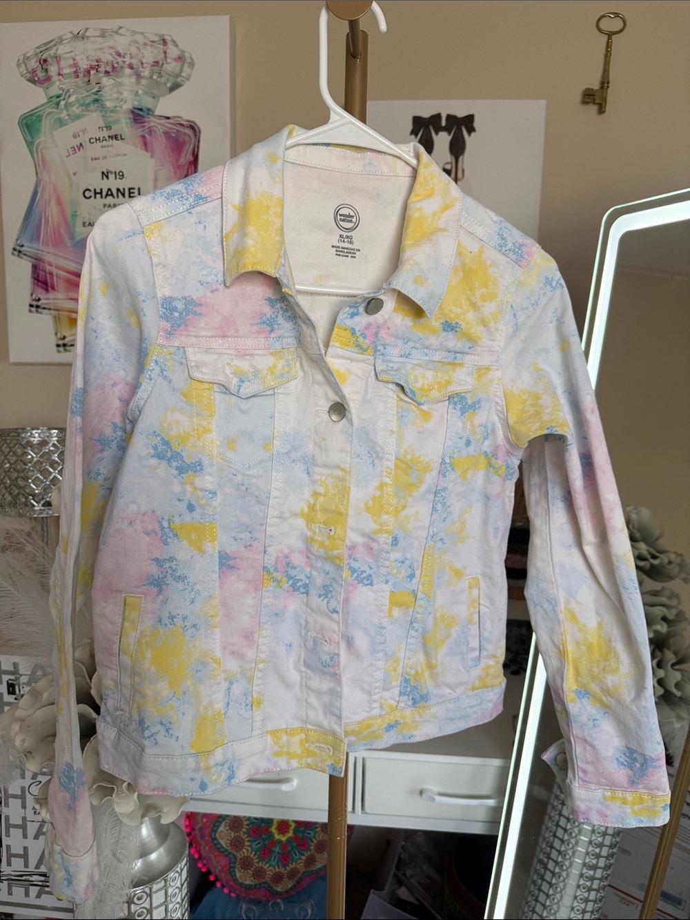 wonder nation Pastel Tie-Dye Jean Jacket in White, Pink, Yellow, Blue